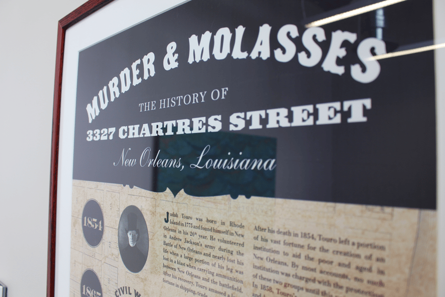 Photo: a framed history of a home titled: Murder & Molasses