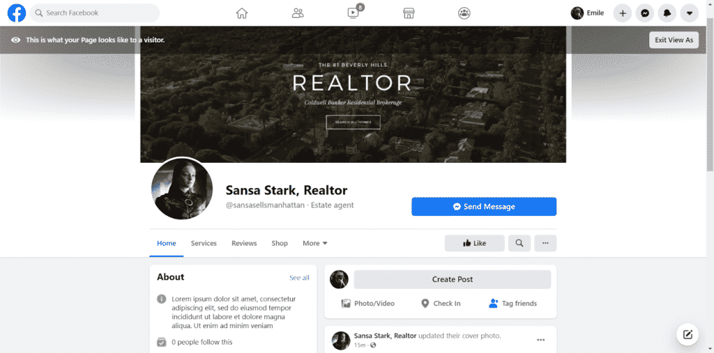 Image of sample real estate agent Facebook page: view as visitor