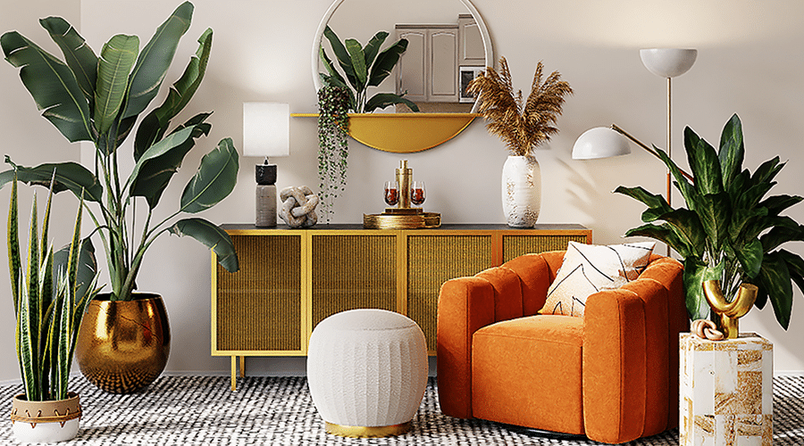 Use plants in areas that seem bare. Fill in corners like in this picture with a credenza, a chair, and a poof that's made warmer with the addition of a few well-placed plants