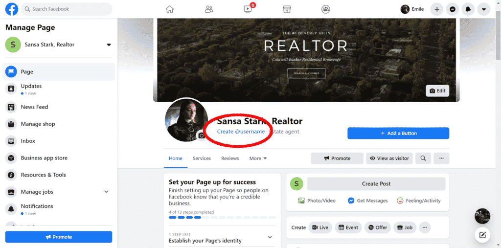 Image of sample real estate agent Facebook page: where username appears