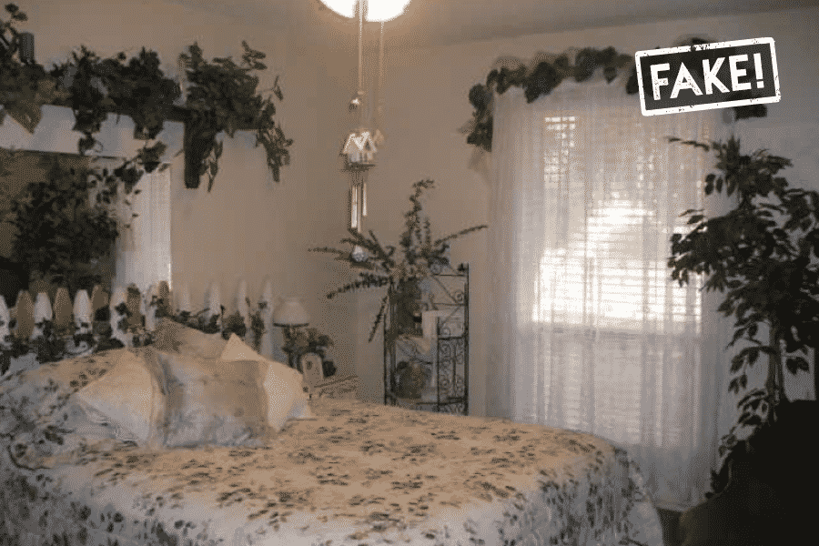 a bedroom with fake plants all over