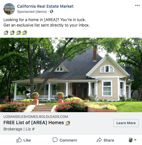 California Real Estate Market - BoldLeads Ad example