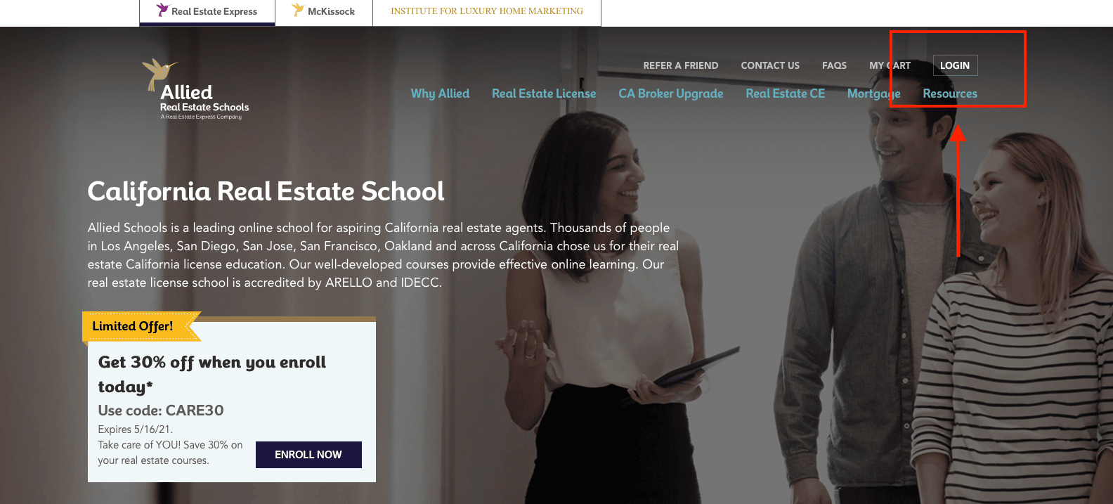 Allied Real Estate Schools Login link in homepage