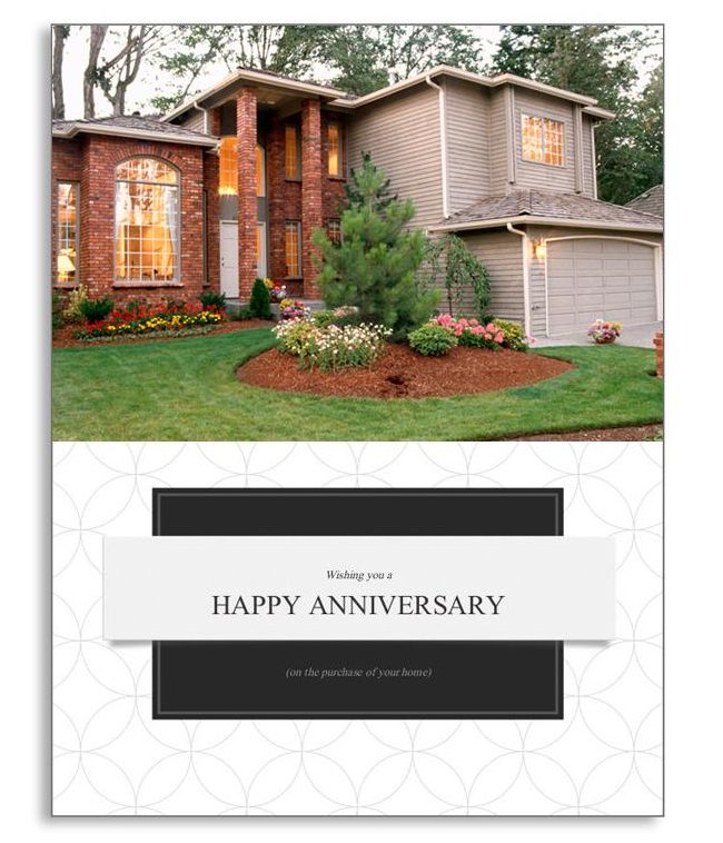 A postcard to clients who have purchased a home that says Happy Anniversary