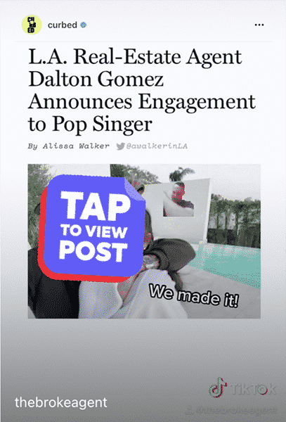 Screenshot of Curbed.com article about real estate agent getting engaged to pop singer with sticker blocking the image and invitation to click to view post