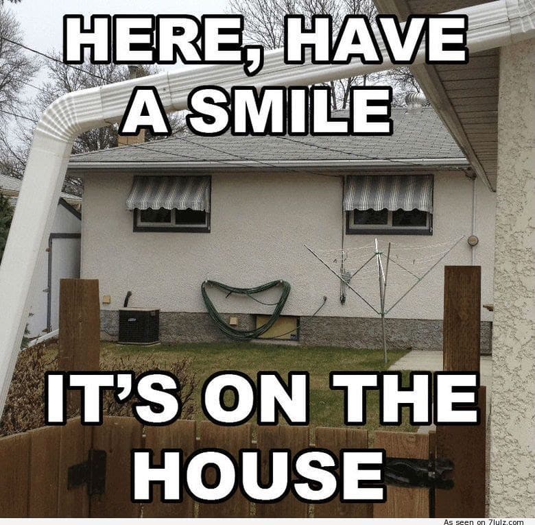 real estate meme of a house that has windows and a coiled hose that makes it look like it's smiling