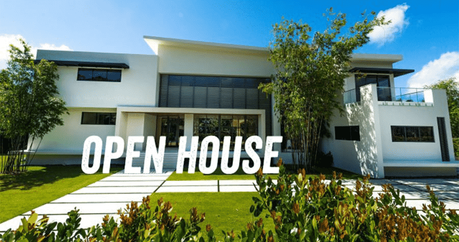 An open house ad with the words Open House overlaid on a picture of a modern, luxury home with sunny skies
