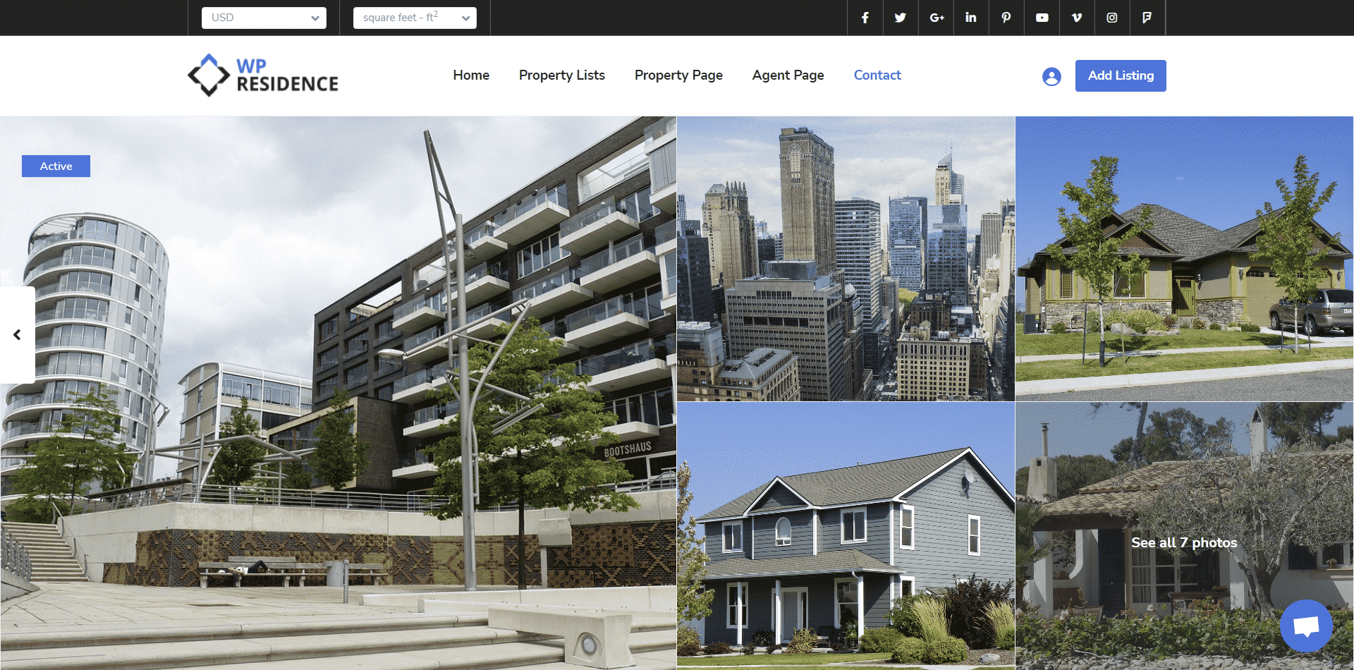 WPResidence theme with featured images of properties in a grid layout.