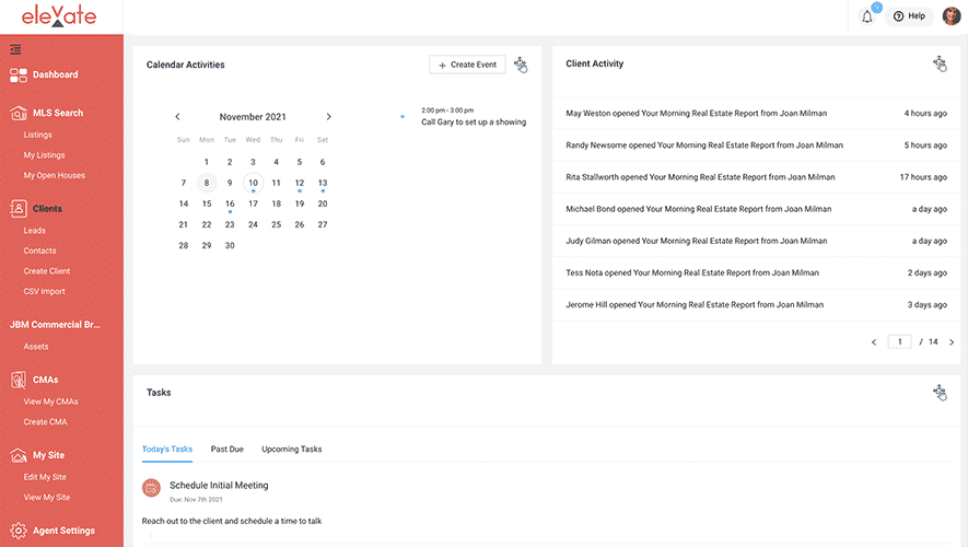 dashboard calendar and client activity feed