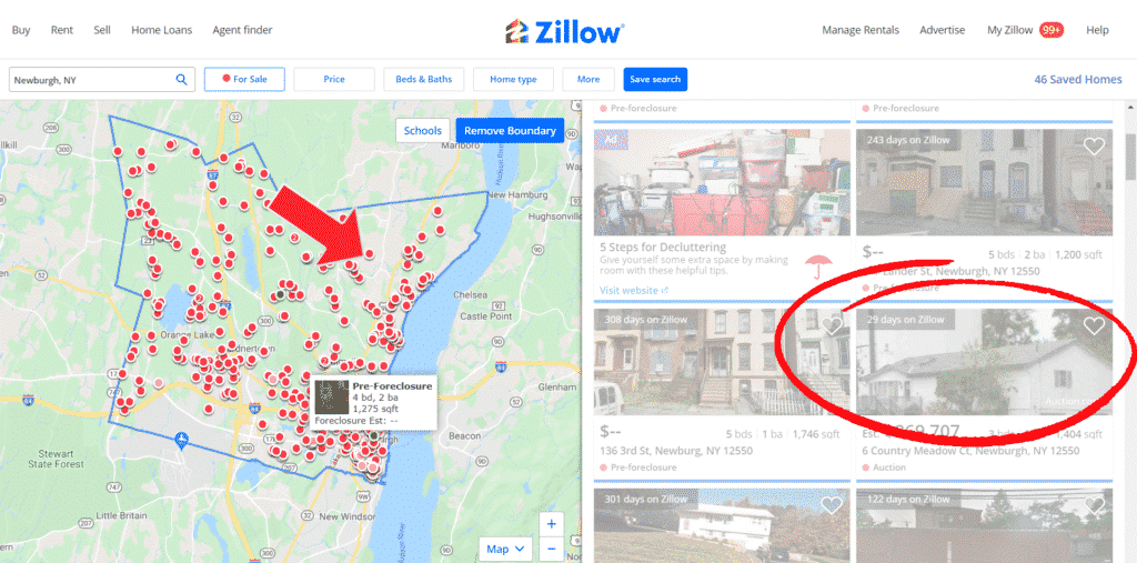 Find real estate sellers leads on Zillow—image of Zillow home search page with a home circled in red ink.