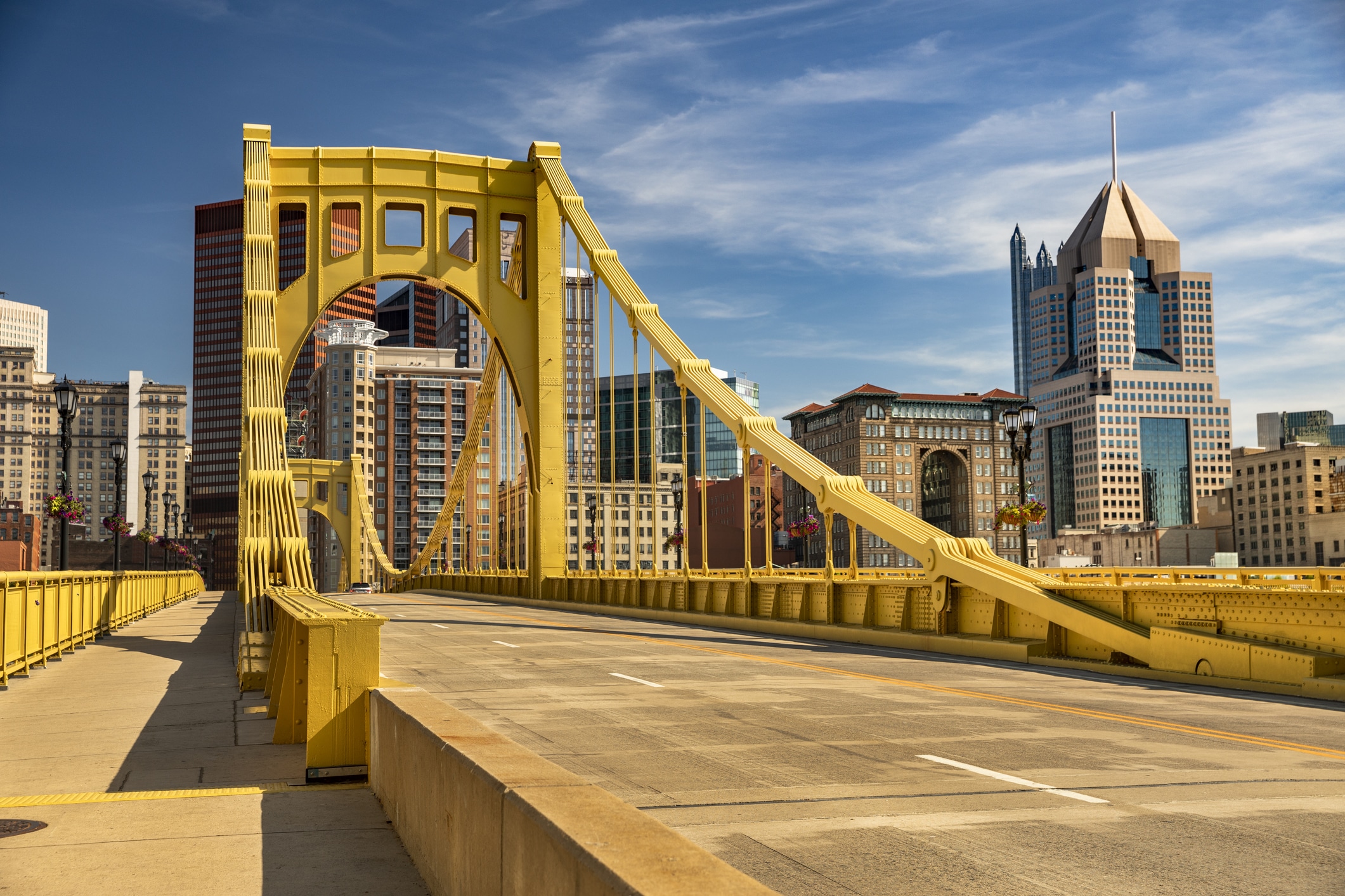 Image of Roberto Clemente Bridge over the Allegheny River in downtown Pittsburgh Pennsylvania USA