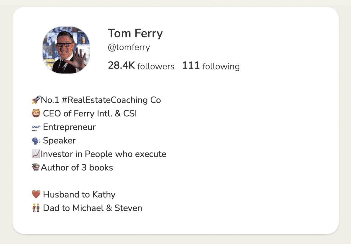 Image of Tom Ferry's Profile with stats and personal details from his Clubhouse account