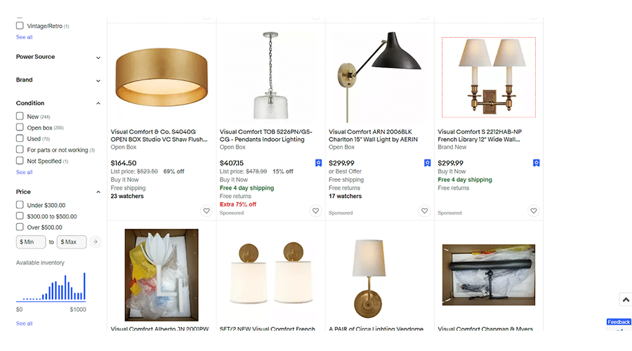 Screenshot showing Amazon has lighting that looks fancy but is reasonably priced.