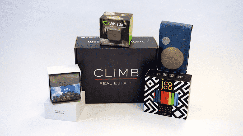 Photos of a collection of custom branded real estate gifts