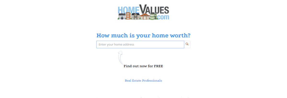 HomeValues.com landing page with their home valuation search box where real estate seller leads can fin out how much their home is worth