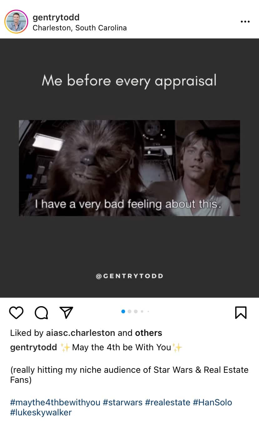 Real Estate hashtags used on a Star Wars-themed real estate post on Instagram