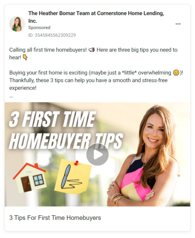 facebook Real Estate Ad First Time Homebuyer Tips Video Ad