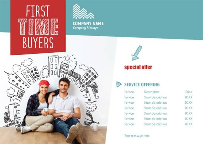 a young couple sit under a mural of houses and apartments with text that reads "First Time Buyers" and a list of special offer services.