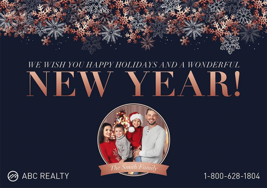 a postcard template with colorful snowflakes, an image of a happy family, and a banner that reads "we wish you happy holidays and a wonderful new year!"