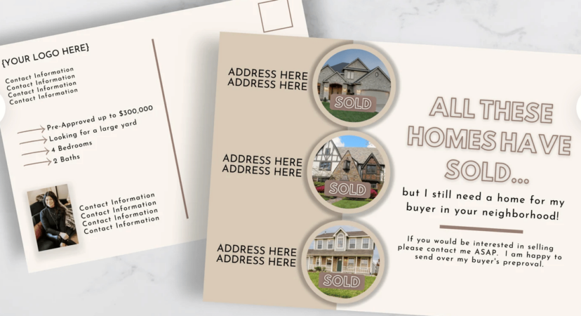postcard template with photos of properties and their addresses next to copy that reads "all these homes have sold..."