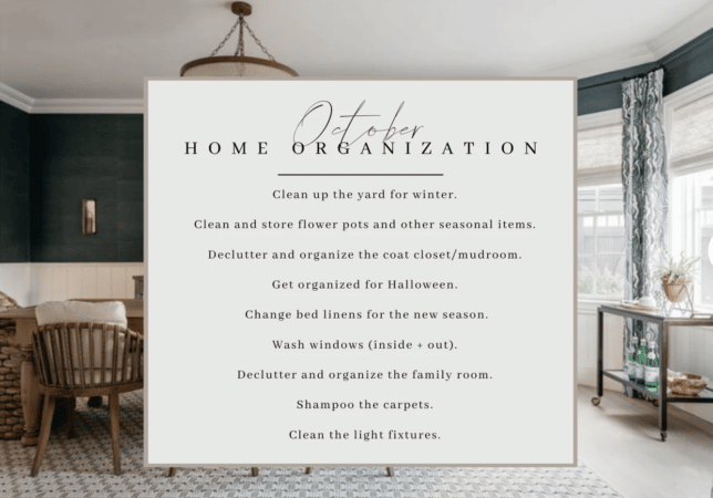 postcard template with a list of home organization tips for the month of October over an image of a pretty dining room.