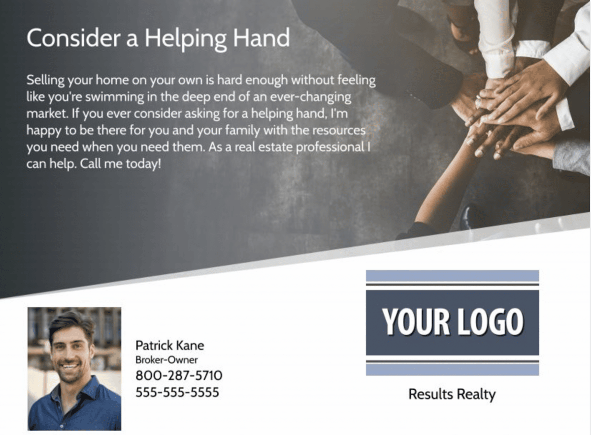 postcard template with photo of group with their hands in to depict giving a helping hand and CTA to call an agent for help with a FSBO.