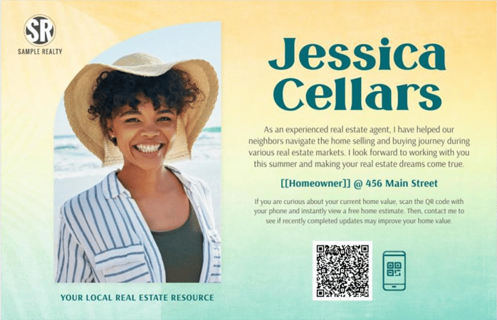 a postcard template to introduce a new agent with smiling headshot and QR code for more information