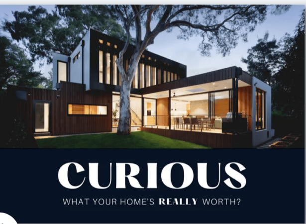 large photo of a modern house a dusk with a banner below that reads "curious what your home's really worth?"