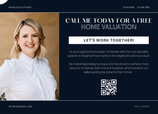 postcard template with happy agent's headshot and CTA to call for a free home valuation