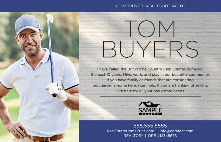 smiling real estate agent in golfing attire holds a golf club next to copy that explains his connection to the local community