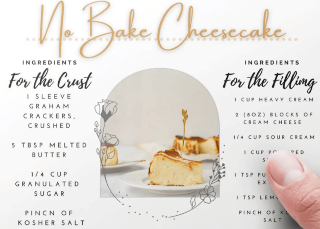 postcard template shows a slice of cheesecake and the recipe for no-bake cheesecake.