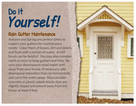 postcard template shows a charming cottage's front door next to copy that reads "do it yourself" and tips on cleaning rain gutters.