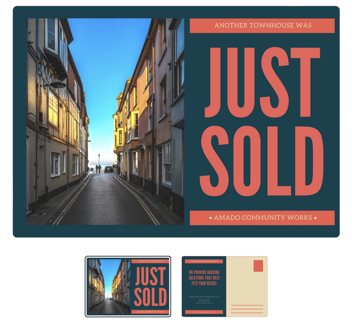postcard with big bold "just sold" in red next to a photo of a charming street