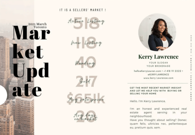 a trendy postcard template with a skyline image, happy agent headshot, and a market report.