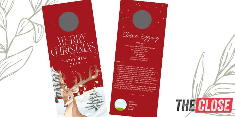 Picture of front and back of Christmas door hanger with a deer on front and Classic Eggnog recipe on back