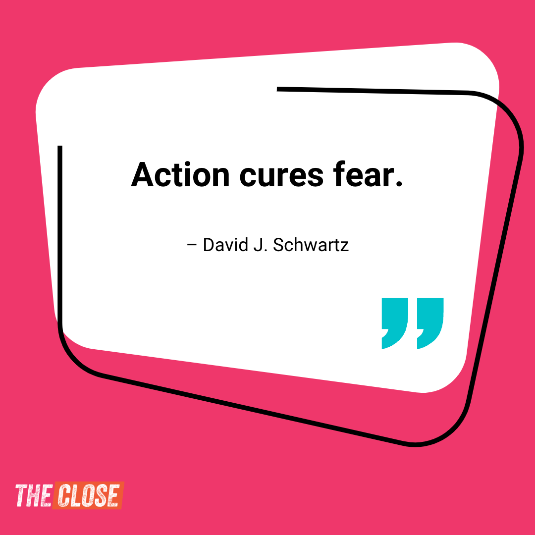 Magenta box with quote: "Action cures fear." – Davide J. Schwartz