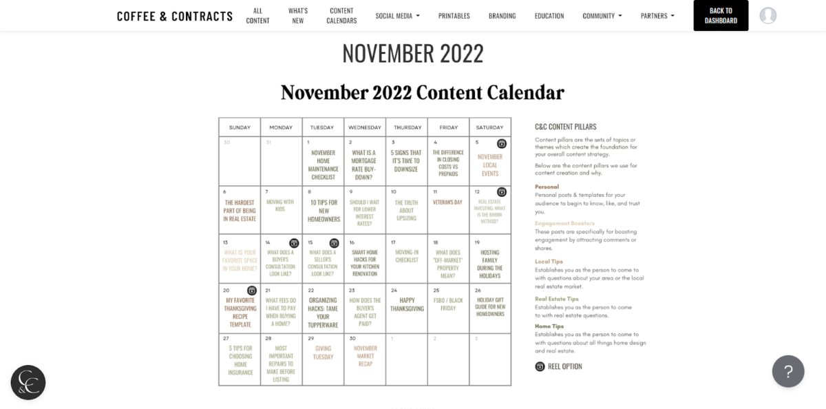 Coffee & Contracts screenshot - content calendar