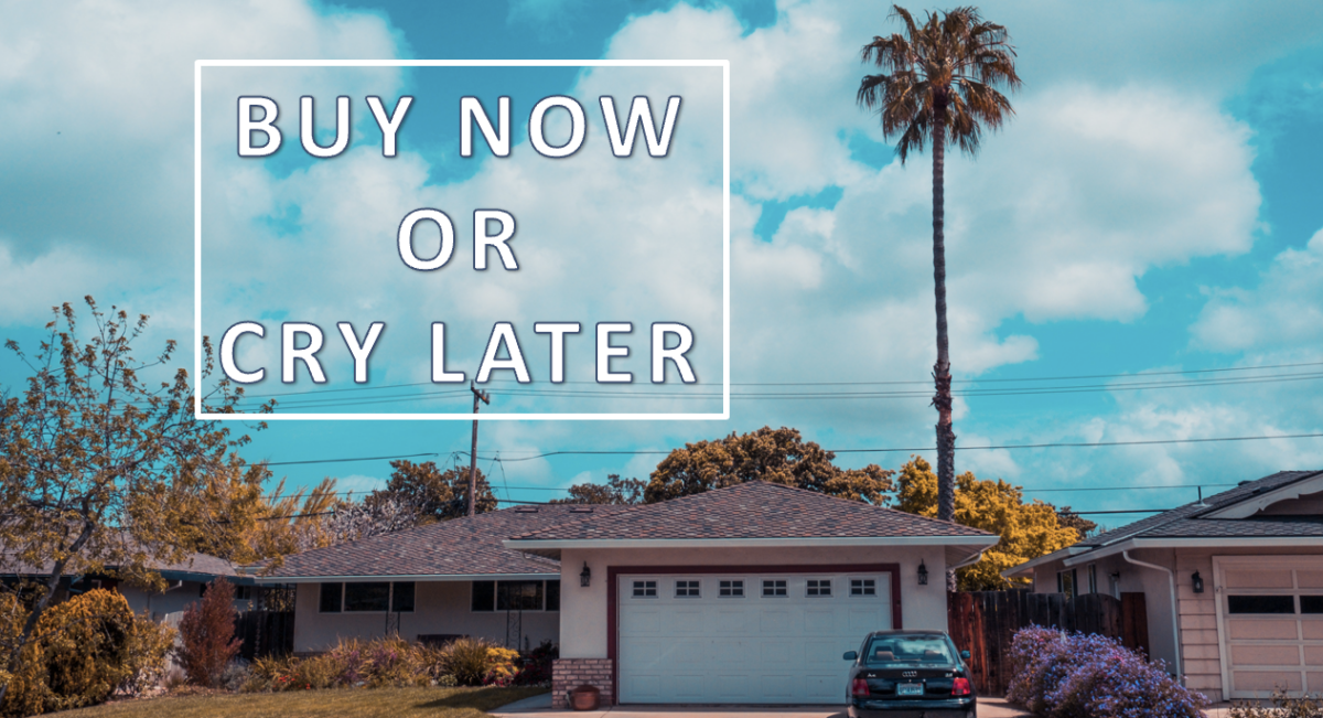 Image showing house with palm tree and "buy now or pay later" inscribed over it