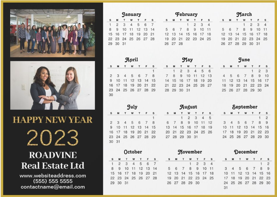 2023 Business 2 Photo Gold Script Calendar Magnet