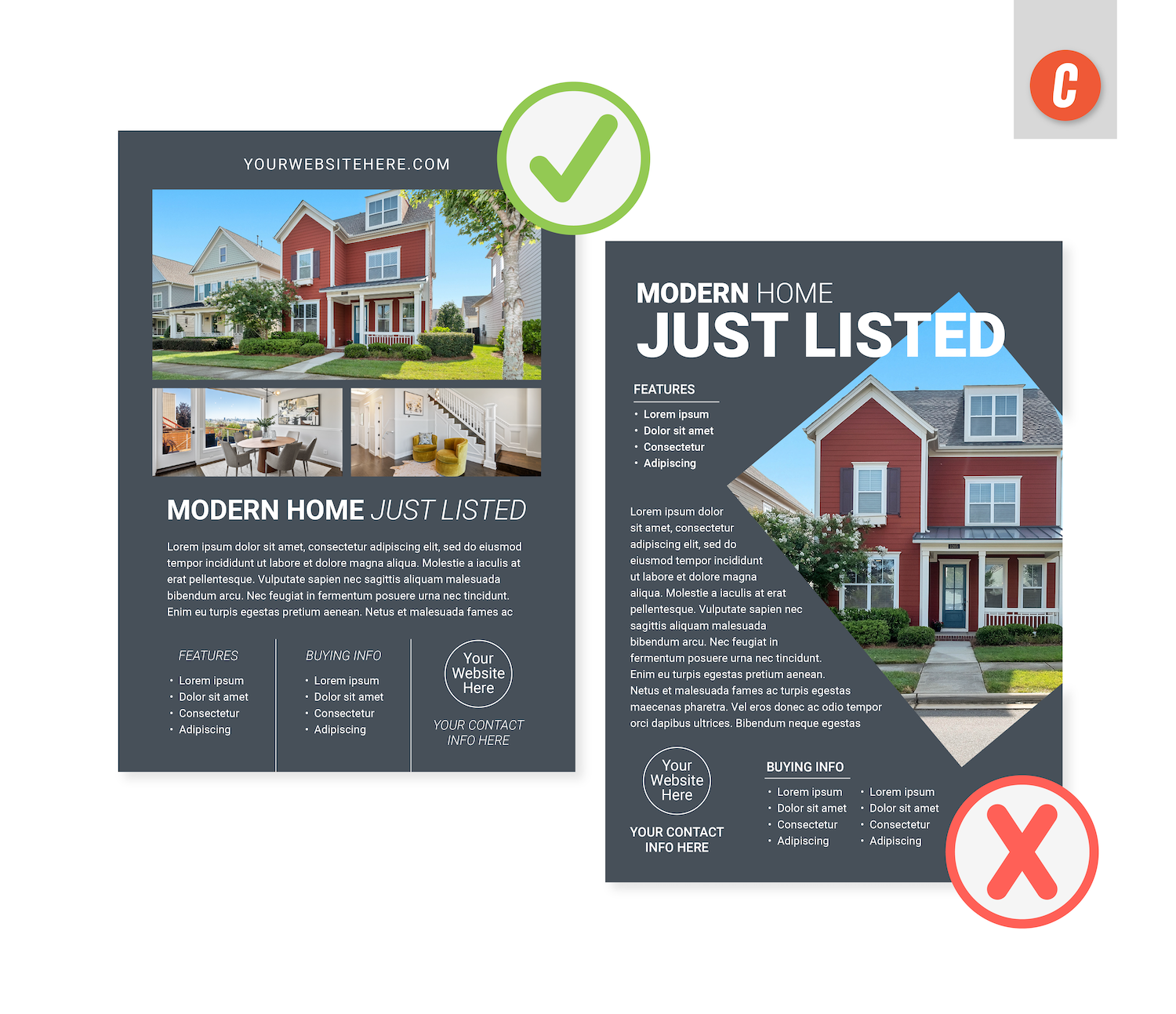 Two real estate flier examples, one with consistent branding and the other with a confusing combination of styles