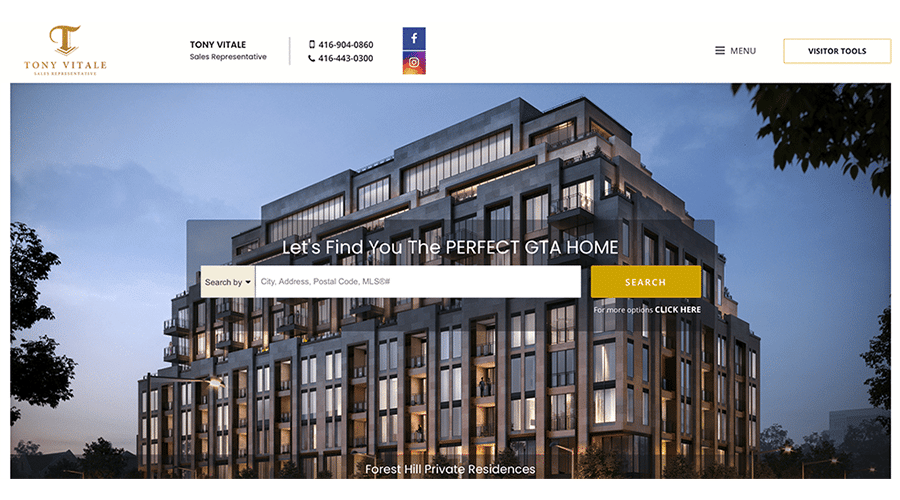 real estate website example with an image of a moder apartment building at sunset