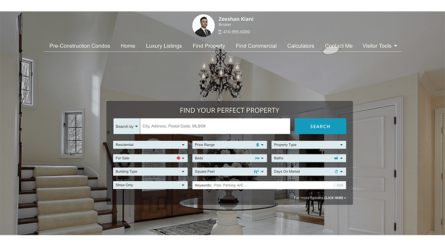 real estate website example with an image of a grand foyer and an invitation to seach for "your perfect property"
