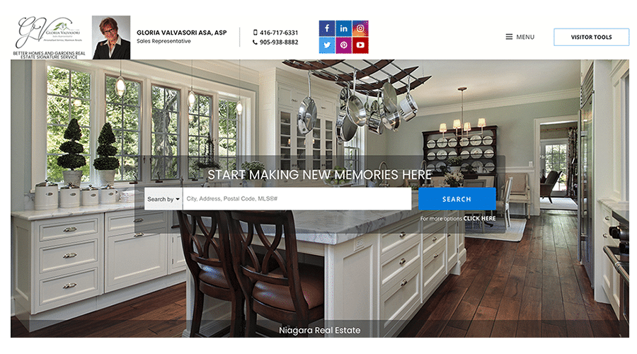 real estate website example with an image of a bright white kitchen