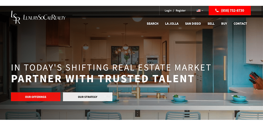 real estate website example with an image of a bright happy kitchen