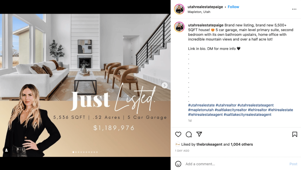 Example of a "just listed" instagram post