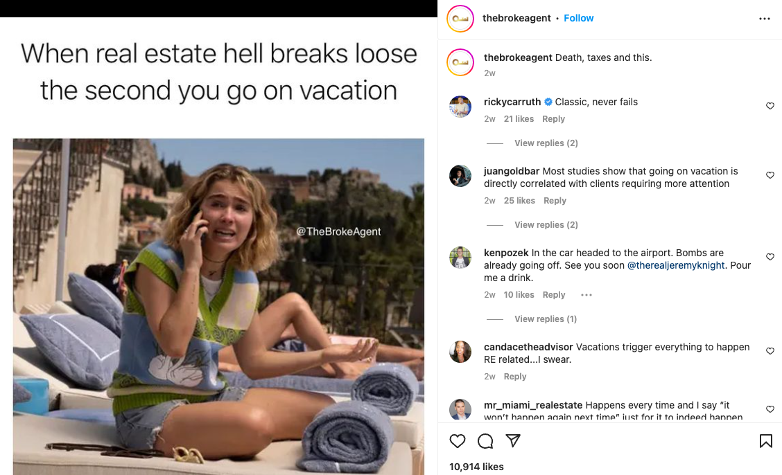 Screenshot of funny instagram post from real estate agent Eric Simon