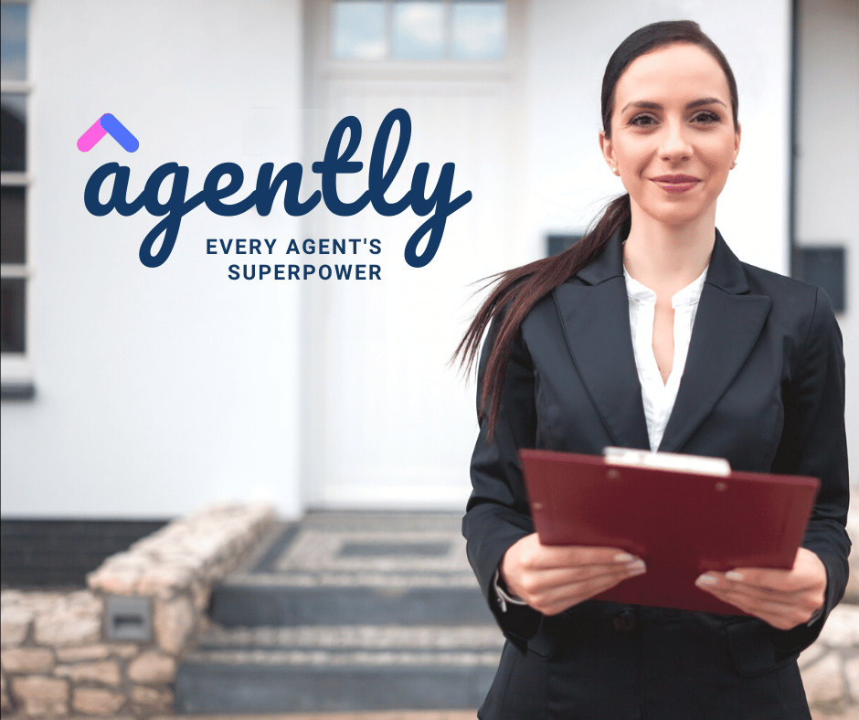Agent standing in front of home with Agently logo superimposed on top