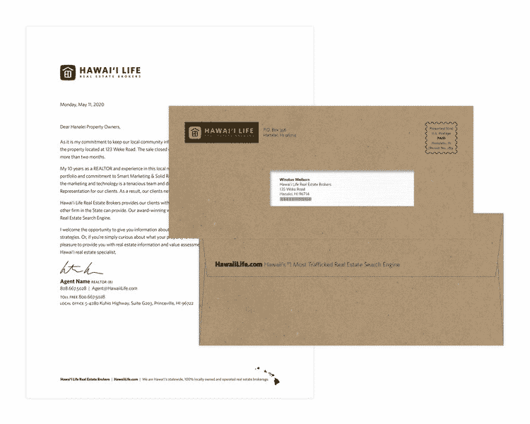 letter sample with branded letterhead and envelope demonstrating a typical prospecting letter.