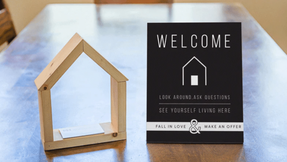 open house welcome sign and card holder