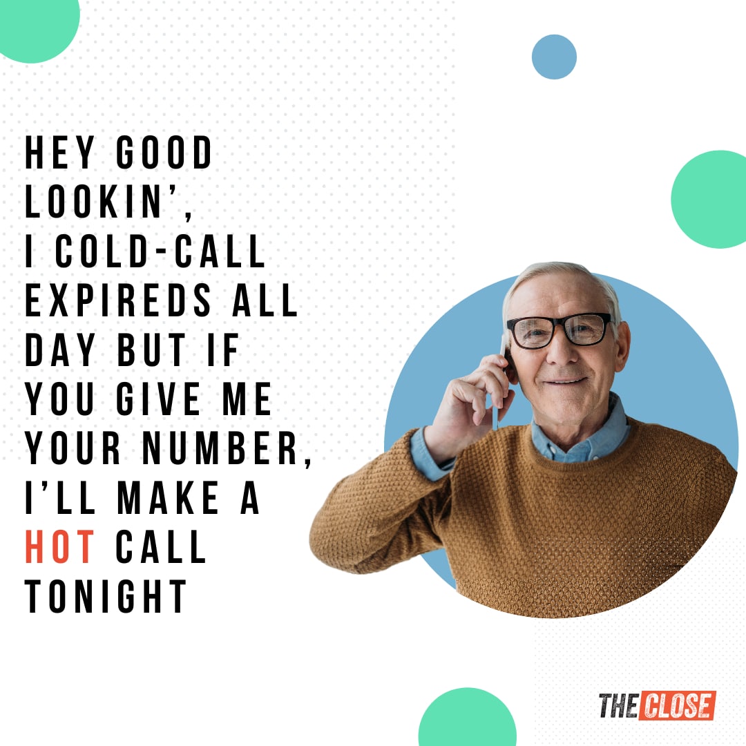 social media post of elderly gentleman holding a phone, offering a terrible pick up line.